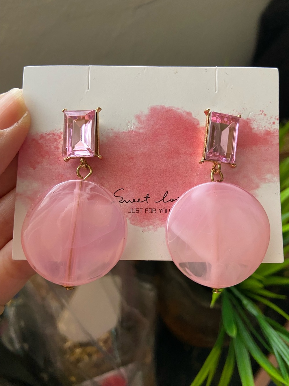 Gold-Tone Pink Gemstone Drop Earrings with Rosy Resin Discs